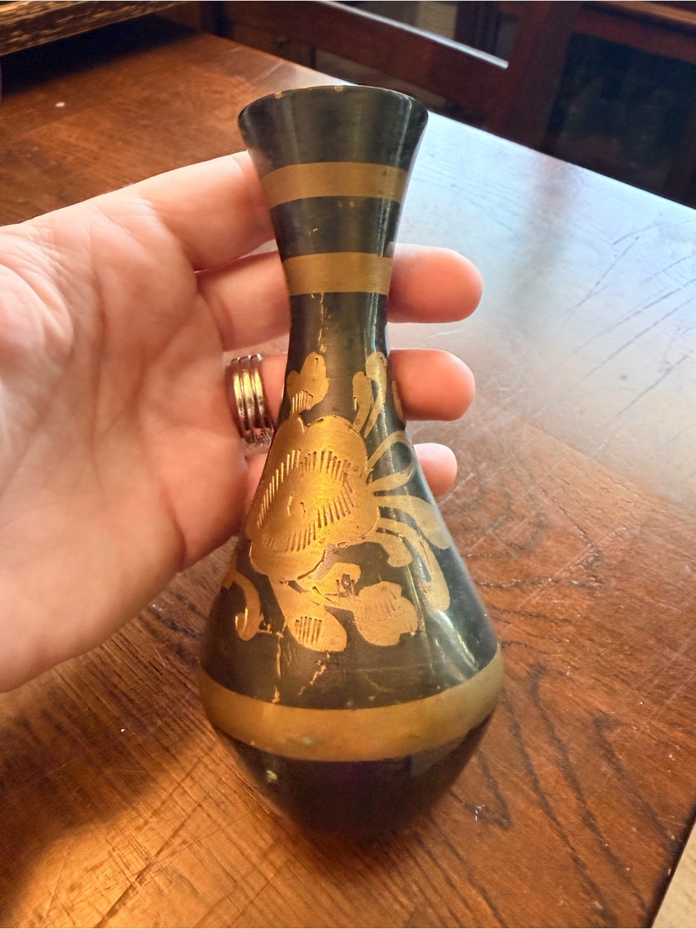 Hand-Painted Black and Gold Brass Floral Accent Bud Vase - India